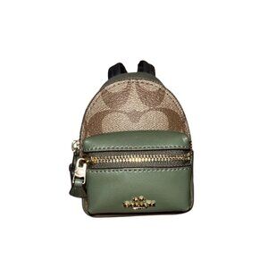 Coach Mini Court Backpack Keychain Bag Charm - Brown Canvas/Green Leather